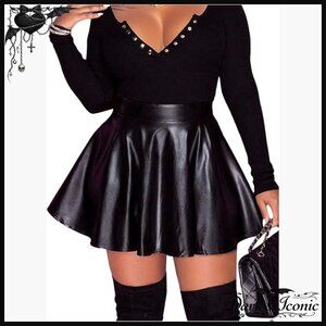 PU Leather High Waisted Pleated A-Line Mini Skirt Ruffle Hem Party